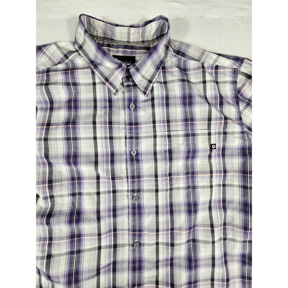Marmot Mens XL Plaid Short Sleeve Button Up‎ Shirt Purple Grey Hiking Casual